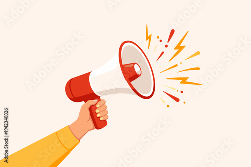 Hand Holding Megaphone Vector Illustration for Announcement, Marketing, and Advertising. Flat Design Bullhorn with Sound Waves, Alert, News, and Communication Symbols on Light Background.