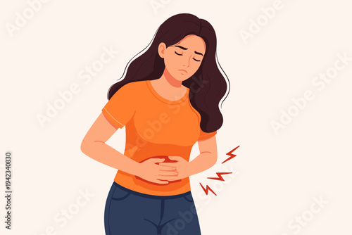 Flat Vector Illustration of a Young Woman Suffering from Severe Stomach Ache, Abdominal Pain, or Menstrual Cramps, Holding Her Belly with a Sad Expression, Isolated on a Light Background.