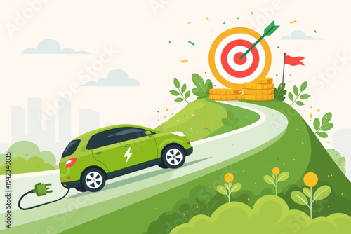 Schilderij op canvas Green electric vehicle driving uphill to a bullseye target with gold coins, representing sustainable business goals, environmental investment, clean energy success, and eco-friendly transport
