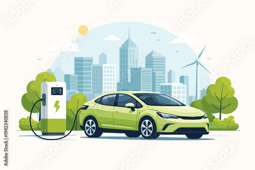 Flat vector illustration of a green electric car charging at a station in a modern city with skyscrapers and wind turbines, representing sustainable eco-friendly transportation and clean energy.