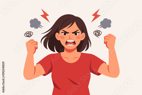 Angry woman feeling frustrated and furious with clenched fists and shouting expression. Flat vector illustration of female character showing rage, stress, and negative emotions on light background.