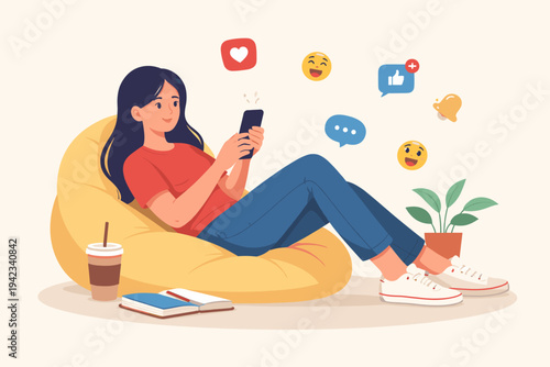 Young Woman Sitting in a Yellow Beanbag Chair Using Her Smartphone with Social Media Icons Floating Around, Concept of Digital Addiction, Procrastination, and Relaxing at Home Modern Flat Vector