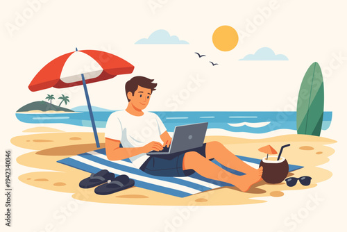 Young man working on a laptop while sitting on a beach towel under an umbrella, digital nomad lifestyle, remote work on summer vacation, freelance worker relaxing by the sea, flat vector illustration.