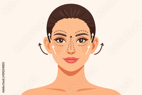 Vector Illustration of a Beautiful Woman's Face with Markings for Multiple Cosmetic Surgery Procedures Including Rhinoplasty, Face Lifting, Blepharoplasty, and Otoplasty for Aesthetic Enhancement