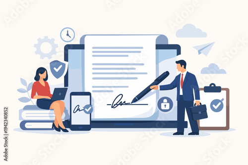 Business people signing digital contract or electronic document with electronic signature on laptop screen, businessman and businesswoman using e-signature technology for legal agreement online.