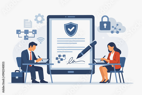 Businesspeople Signing a Smart Contract on Digital Tablets, Flat Vector Illustration of Electronic Signature, Blockchain Technology, Secure Legal Agreement, Paperless Office, and Cybersecurity