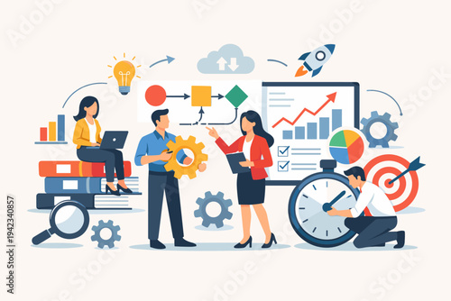 Business team working on workflow management and process optimization. Flat vector illustration of professionals collaborating on project efficiency, strategy, and growth with data and icons.