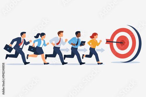 Diverse business team of men and women running towards a large target with an arrow in the bullseye. Concept of goal achievement, motivation, competition, and success in corporate career growth.