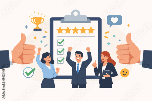 Business people celebrating excellent service evaluation with five stars rating on clipboard and giant thumbs up gesture. Team of professionals achieving success, positive feedback, and high customer