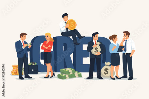 Business People and Corporate Professionals Standing Around the Word Greed Holding Money Bags Gold Coins and Cash Bundles, Flat Vector Illustration of Wealth Corruption and Financial Capitalism.