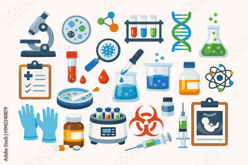 Comprehensive collection of healthcare and laboratory icons in flat vector style featuring microscope, DNA helix, test tubes, syringe, medicine, biohazard symbol, centrifuge, and ultrasound.