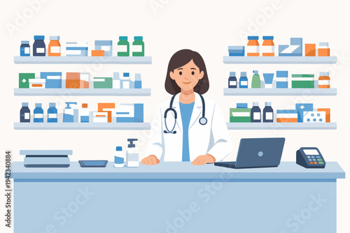 Flat Vector Illustration of a Professional Female Pharmacist in a White Coat with a Stethoscope Standing Behind a Pharmacy Counter with Shelves Full of Medicine Bottles and Medical Supplies.
