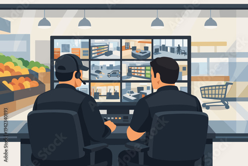 Vector illustration of two security guards in a control room monitoring surveillance camera feeds on multiple screens behind a glass window of a supermarket with produce and shopping carts.