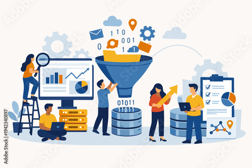 Big Data Analysis and Information Processing Flat Vector Illustration with People Managing Digital Analytics, Database Storage, Data Filtering Funnel, and Business Growth Statistics on Background