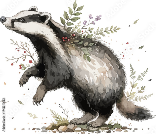 Watercolor Badger Animal Art,Wild Forest Mammal Illustration Isolated on White