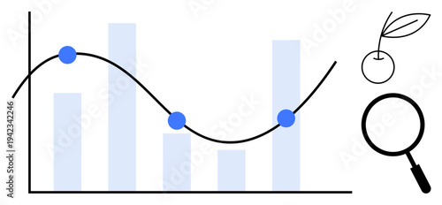 Data analysis concept. Bar graph, trend line data patterns, and magnifying glass research. Data analysis enhancing insights and decision-making. Perfect for research, statistics, business, market