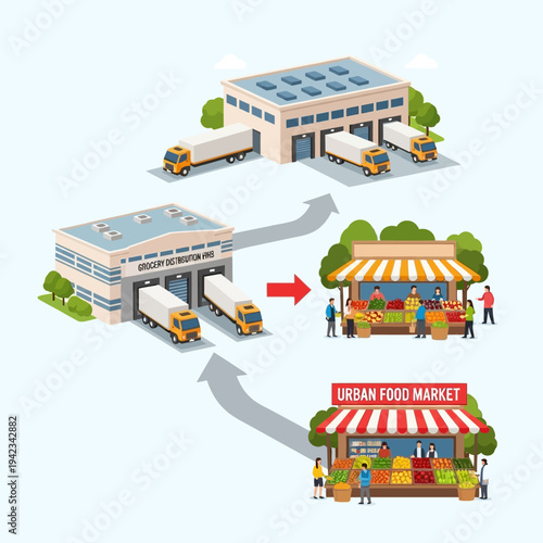 Isometric illustration of a food supply chain showing factories, distribution centers, and urban markets with trucks for logistics.