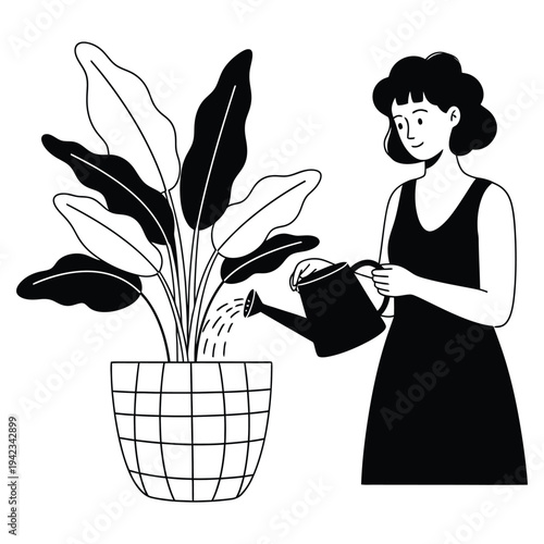 woman watering houseplant vector illustration representing indoor gardening plant care home decoration lifestyle nature environment green living and botanical hobby concept