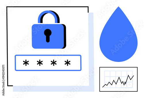 Data security, confidentiality, online privacy, risk management, analytics, secure technology. A padlock, password field water droplet and graph. Data security and confidentiality
