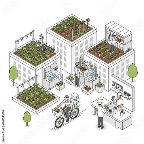 Isometric illustration of an urban farming ecosystem with rooftop gardens, indoor cultivation, food preparation, and bicycle delivery service.