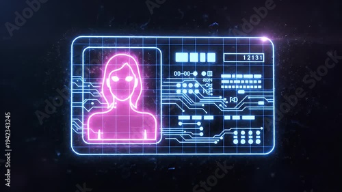Futuristic ID Card Hologram - This video features a futuristic ID card hologram. The card displays a silhouette of a person in pink against a neon blue circuit board design on a black background.