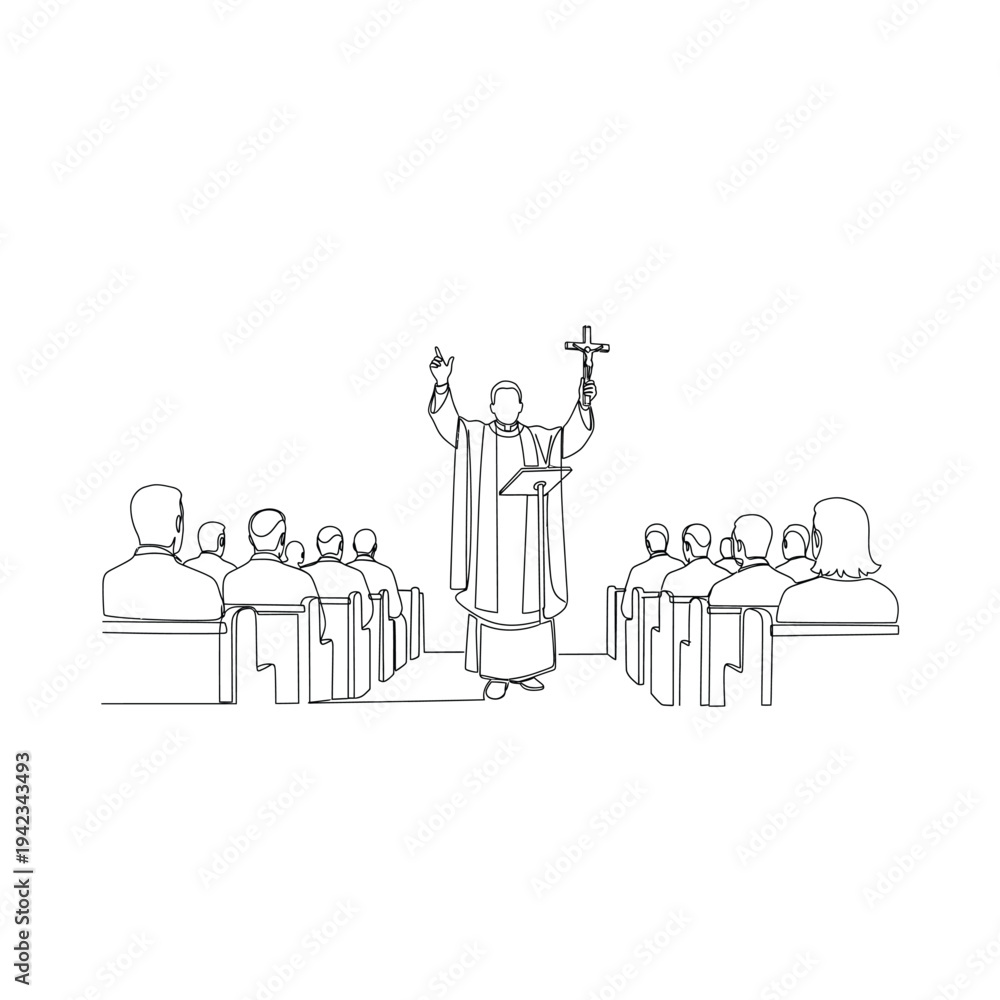 Fototapeta premium Priest giving sermon to congregation in church service