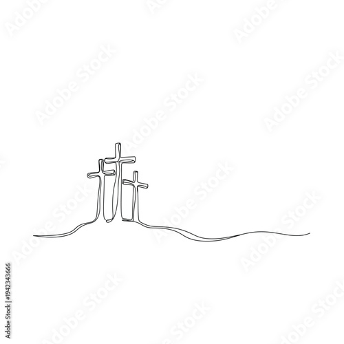 Three crosses on hill continuous line drawing