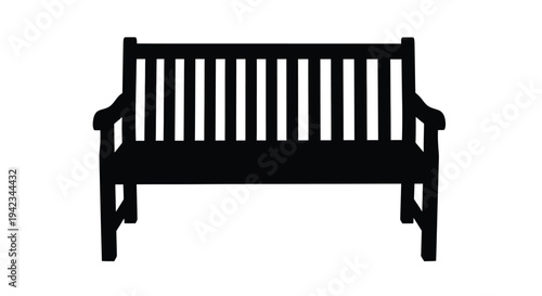 A black silhouette of a classic wooden park bench isolated on white