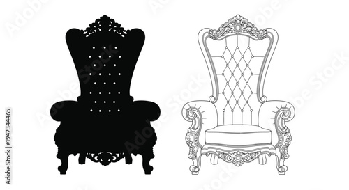 Two ornate antique chairs presented in black and white line art