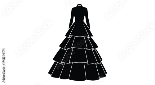 Silhouette of an ornate layered ballgown against a white background
