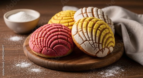 Mexican conchas sweet bread with colorful sugar topping on wooden board