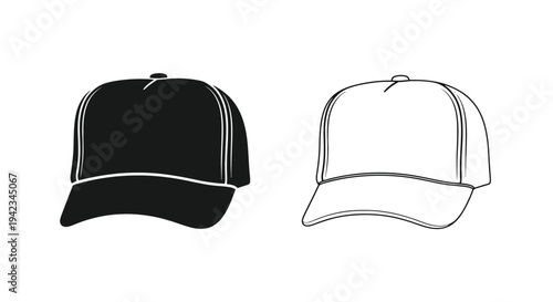 Two baseball caps in contrasting black and white line art styles