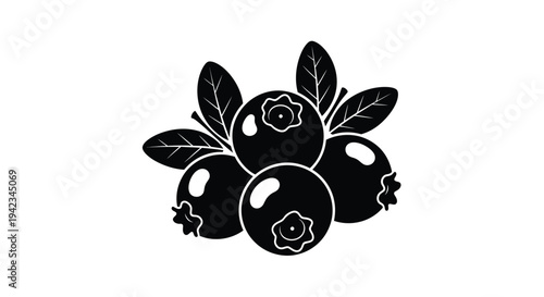 Simple black and white illustration of a cluster of blueberries with leaves