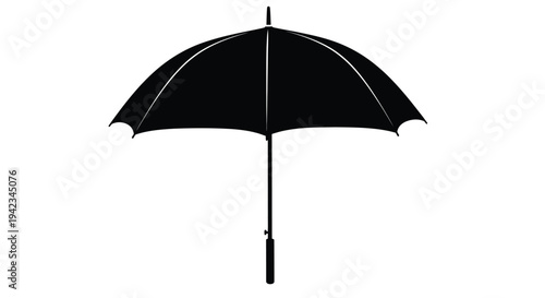 A simple black silhouette of an open umbrella against a white background