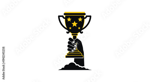 A black trophy held by a hand adorned with golden stars