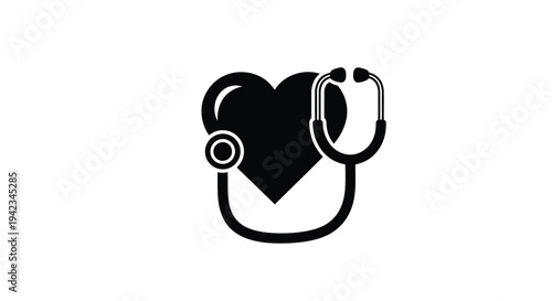 A black silhouette depicting a heart with a stethoscope wrapped around it