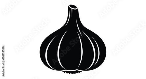 A simple black and white illustration of a single bulb of garlic