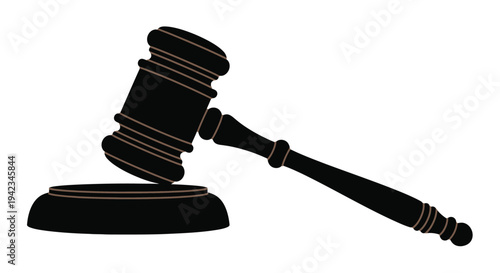 A black silhouette of a gavel resting on its sound block