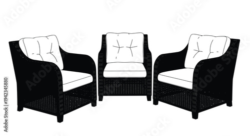 Black wicker furniture set including a loveseat and two armchairs
