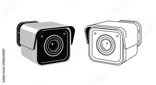 Two security cameras one shaded one outlined depicted in a monochrome style