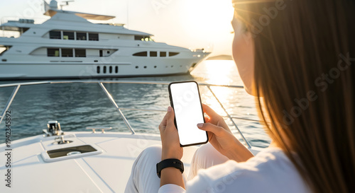 A woman relaxes on a boat while checking her phone during a serene sunset cruise with a luxury yacht in the background.