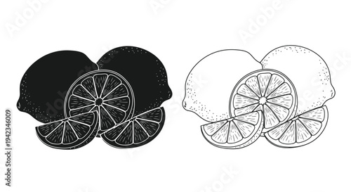 Illustrative drawing of lemons and limes whole and sliced in monochrome