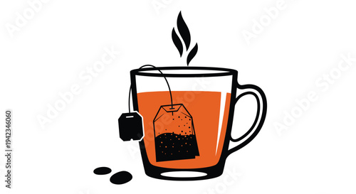 A simple illustration of a steaming cup of orange tea with a teabag