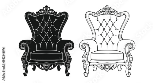 Elegant ornate throne chairs in black and white sketch style