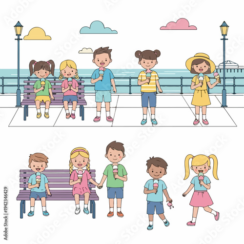 Cartoon illustration of happy children enjoying ice cream cones on a seaside promenade and at a park during summer vacation.