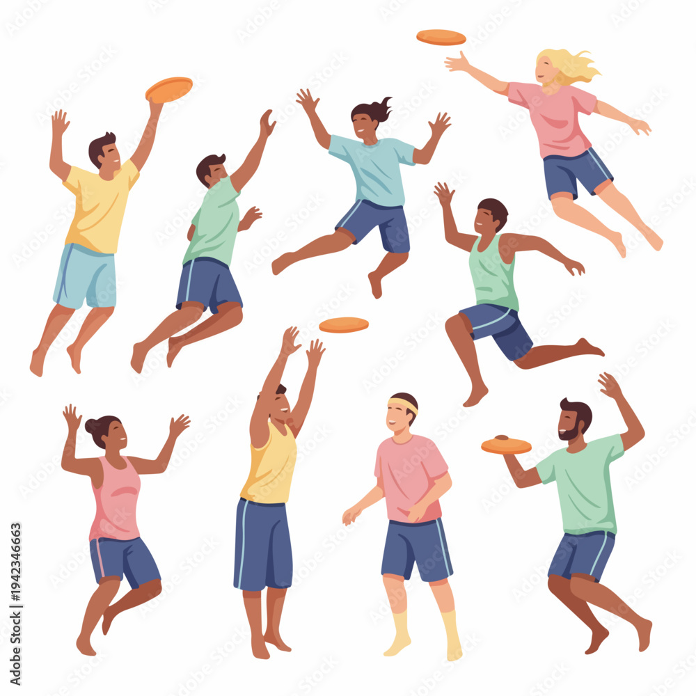 Fototapeta premium Diverse group of active people jumping and catching flying discs in a flat vector illustration style, isolated on white background.