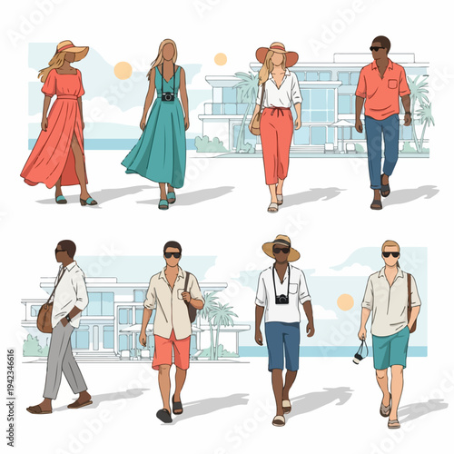 Collection of diverse fashionably dressed men and women walking in summer resort wear against a minimalist coastal architectural background.