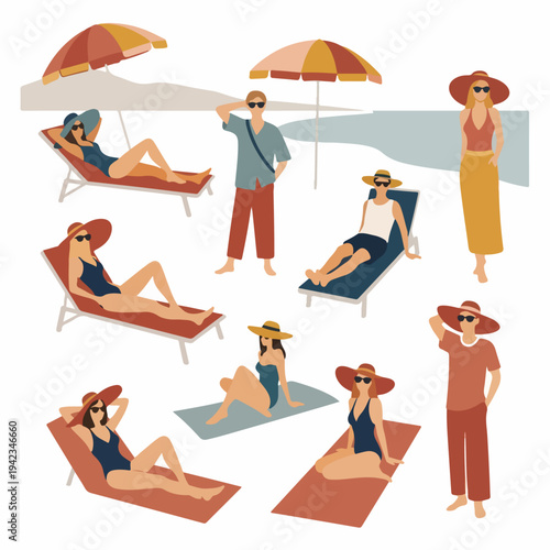 Minimalist flat vector illustration of diverse people in swimwear relaxing on beach chairs and under umbrellas on a sunny summer day.