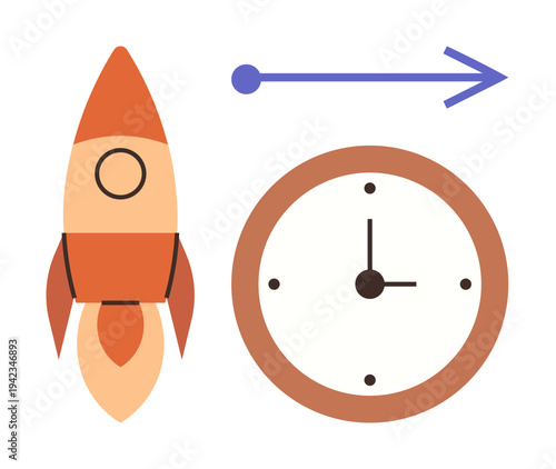 Business growth, productivity, innovation, time efficiency, startup development, planning. Rocket alongside clock and arrow. Productivity and time efficiency showcased through visual elements