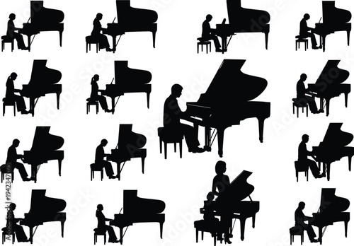 Silhouette of pianists playing grand piano vector illustration, musical performance concept, creative musician artwork, elegant concert stage design, classical music art composition